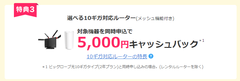 ビッグローブ光の公式キャンペーン「10ギガ対応メッシュ機能付きルーター特典」