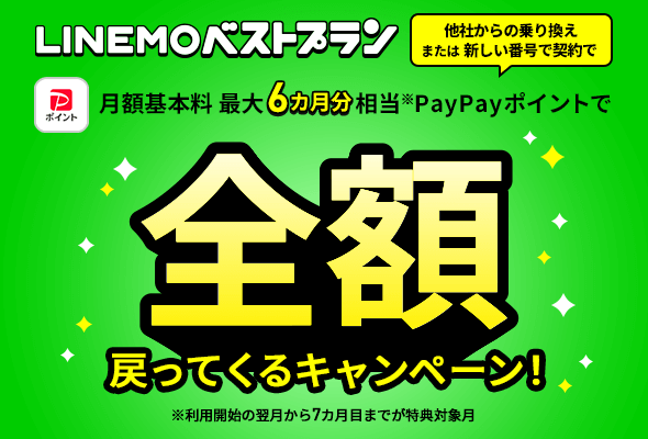 LINEMOベストプラン 最大6カ月分基本料全額戻ってくるキャンペーン